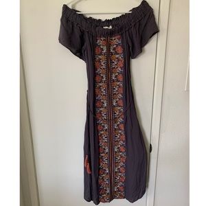 Purple maxi dress with floral patterned panel